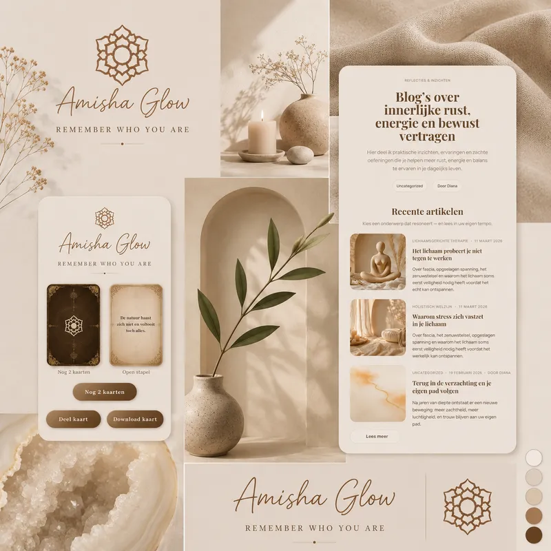 Website van Amisha Glow met rustige typografie en zachte kleuren